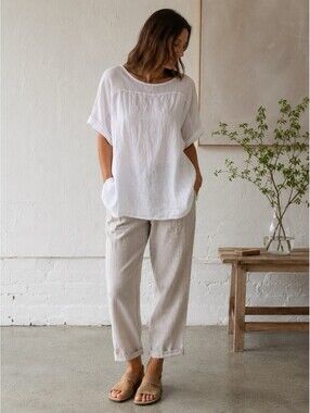 Women's LUNGO L'ARNO NWT White Lagenlook Short Sleeve Linen Top Plus Size 2X